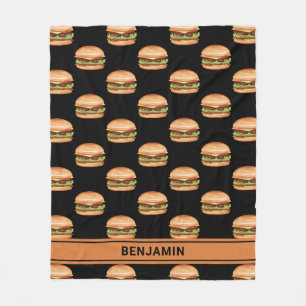Hamburger Fast Food Pattern On Black With Name Fleece Blanket