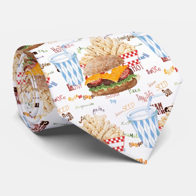 Hamburger Fries Fast Food BBQ Diner Tie (Rolled)