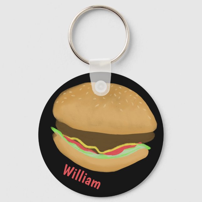 Hamburger Lovers Fun Yummy CUSTOM NAME Keychain (Front)