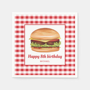 Hamburger On Red Gingham Pattern Happy Birthday Napkin