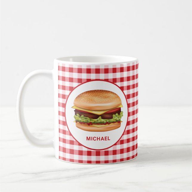 Hamburger On Red Gingham With Custom Text Coffee Mug (Left)