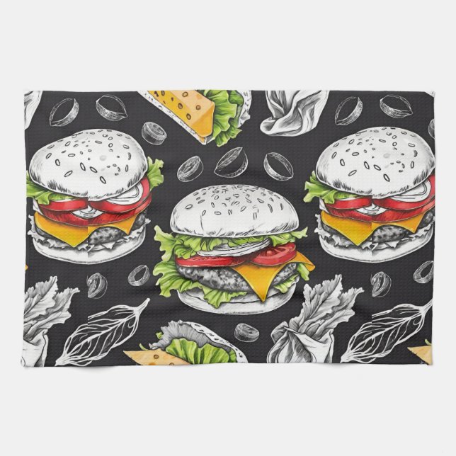Hamburger vintage sketch by CallisC Arts ⭐⭐⭐⭐⭐ Kitchen Towel (Horizontal)