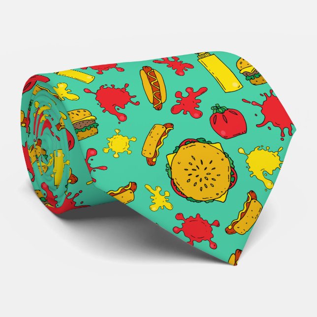 Hamburgers and Hot Dogs Fast Food Teal Tie (Rolled)