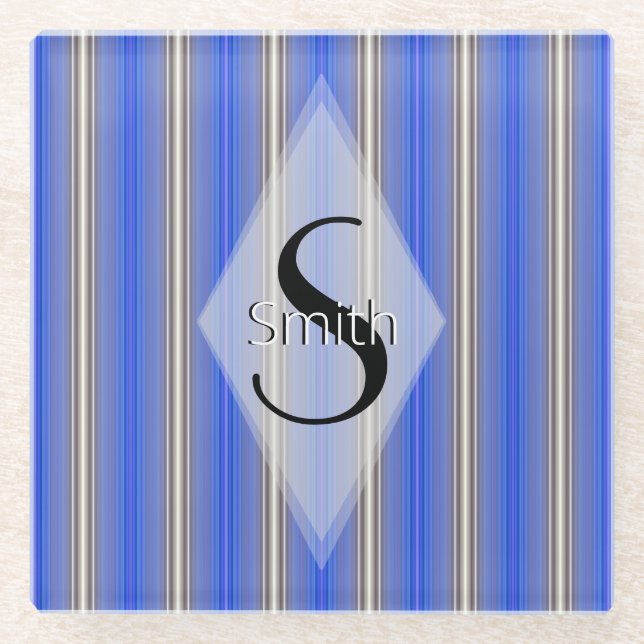 HAMbWG - Art Deco Blue Stripe with Monogram Glass Coaster (Front)