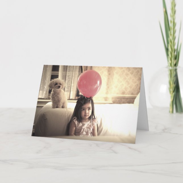 HAMbWG  Greeting Card - Girl with balloon & puppy (Front)