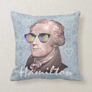 Hamilton in Shades on Blue Lace & Heart Background Throw Pillow