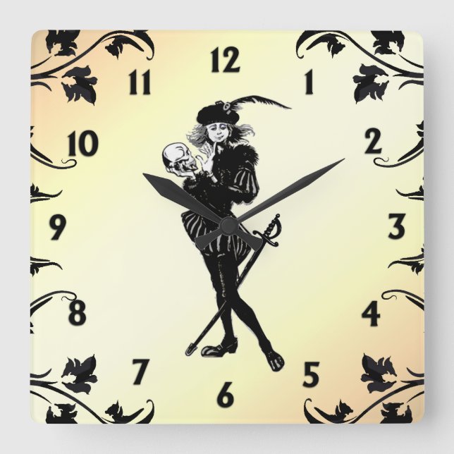 Hamlet The Bard Yellow Black Numbers Square Wall Clock (Front)