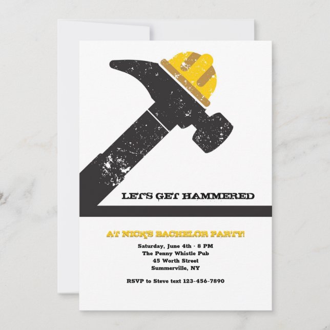 Hammer and Hardhat Bachelor Party Invitation (Front)