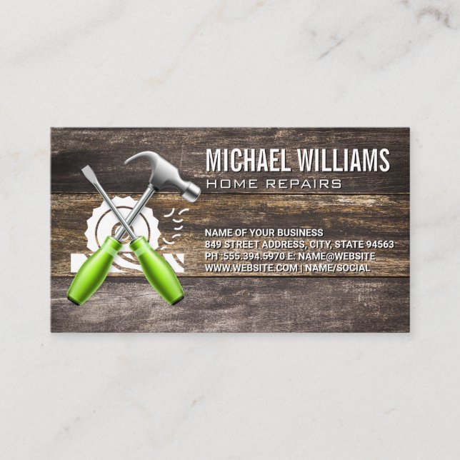Hammer Screw | Saw | Wooden Boards Business Card (Front)