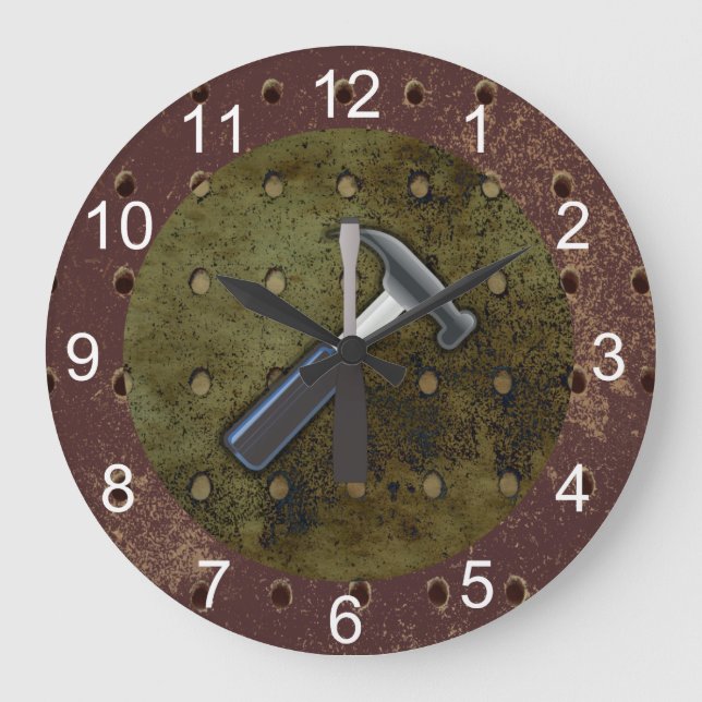 Hammer, Screwdriver, Pegboard on Aged Background Large Clock (Front)