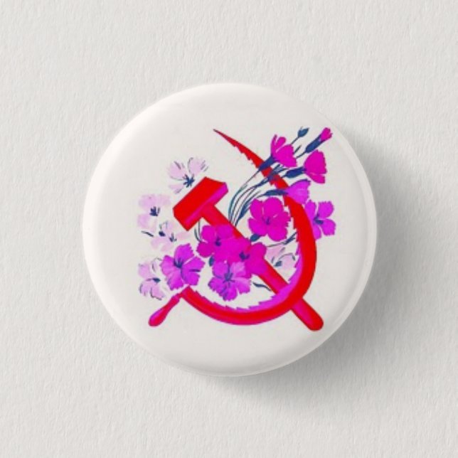 Hammer & Sickle pink w/ flowers 1 Inch Round Button (Front)