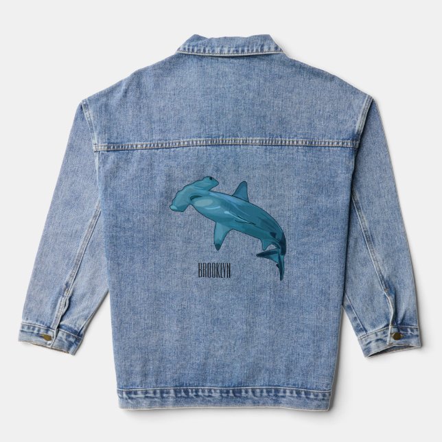 Hammerhead shark cartoon illustration denim jacket (Back)