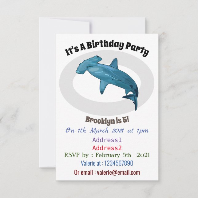 Hammerhead shark cartoon illustration invitation (Front)