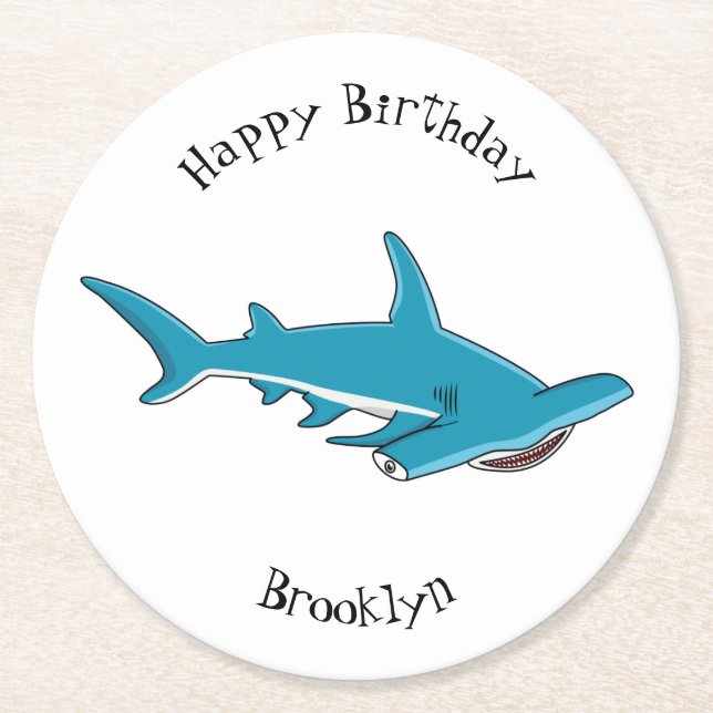 Hammerhead shark cartoon illustration round paper coaster (Front)