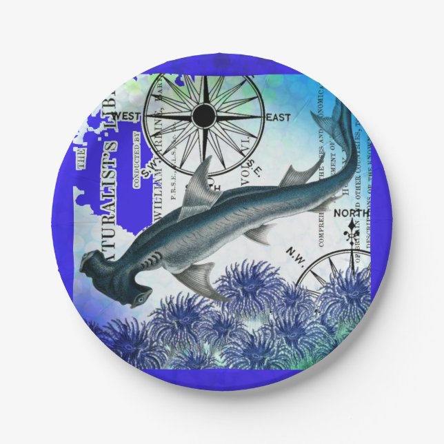 Hammerhead Shark Nautical Collage Underwater Blue Paper Plate (Front)