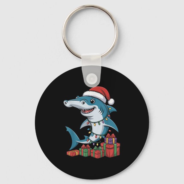 Hammerhead Shark Santa Hat Christmas Funny Marine  Keychain (Front)