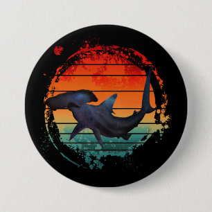HAMMERHEAD SHARK VINTAGE SUNSET 3 INCH ROUND BUTTON