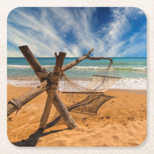 Hammock on a Tropical Beach Resort Square Paper Coaster