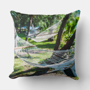 Hammock on the beach, Fiji Throw Pillow