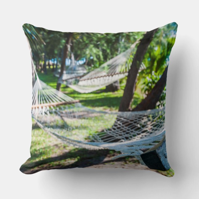 Hammock on the beach, Fiji Throw Pillow (Front)