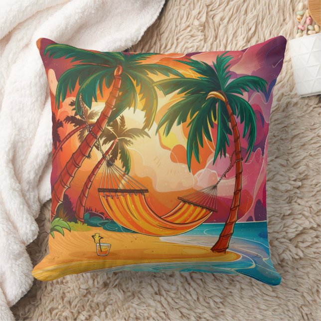 Hammock on Tropical Island Throw Pillow (Blanket)