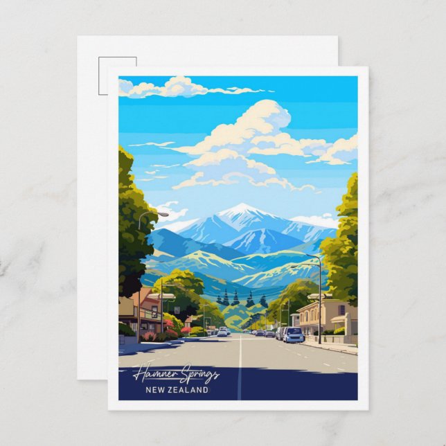 Hamner Springs New Zealand Travel Illustration Postcard (Front/Back)