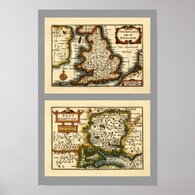 Hampshire, Southampton County England Historic Map Poster (Front)