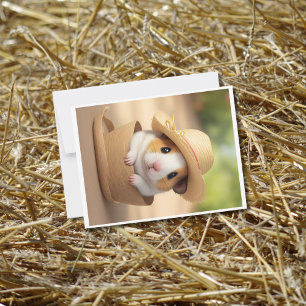 Hampster wearing straw hat inside hat postcard