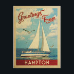 Hampton Sailboat Vintage Travel Virginia Postcard<br><div class="desc">This Greetings From Hampton Virginia vintage travel nautical design features a boat sailing on the water with seagulls and a blue sky filled with gorgeous puffy white clouds.</div>