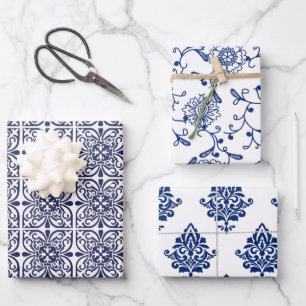 Hamptons Blue and White Chic Patterned Wrapping Paper Sheet
