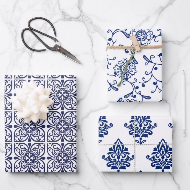 Hamptons Blue and White Chic Patterned Wrapping Paper Sheet (Front)
