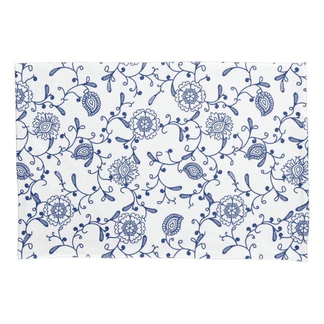Hamptons Blue and White Floral Pattern Pillowcase (Front-Left)