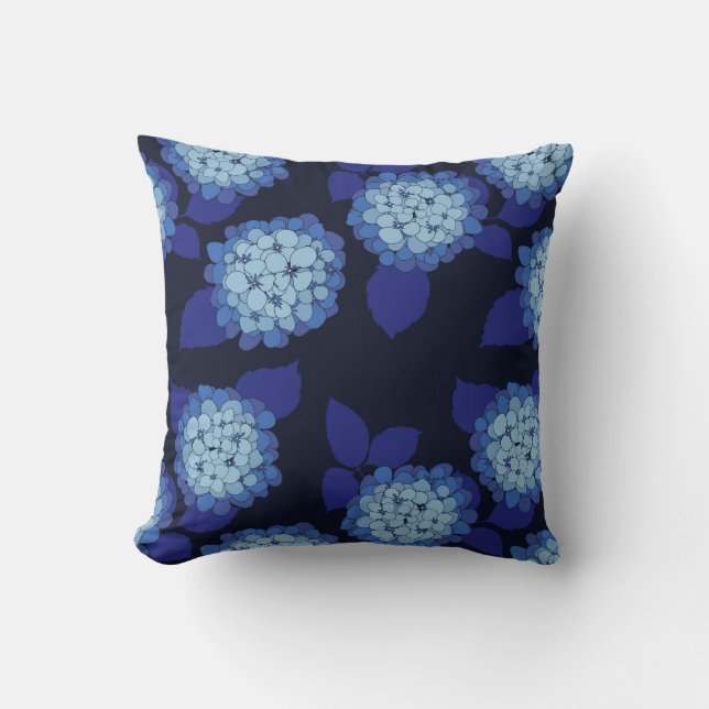 Hamptons Blue Hydrangeas Floral Pattern Throw Pillow (Front)