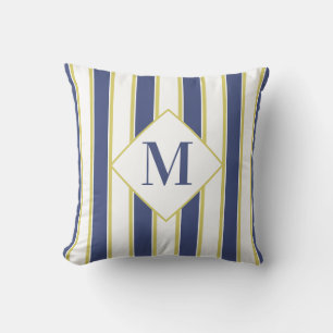 Hamptons Blue White and Gold Striped Yacht Throw Pillow