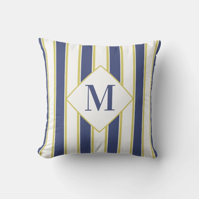 Hamptons Blue White and Gold Striped Yacht Throw Pillow (Front)