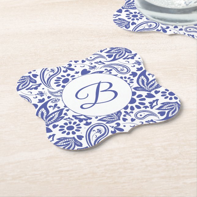 Hampton's Blue White Paisley Decorative Pattern Paper Coaster (Angled)