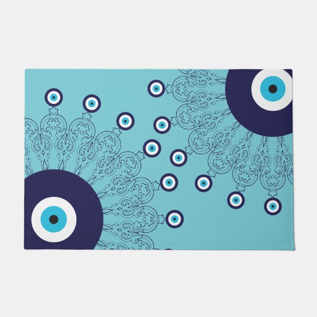 Hamptons Coastal Mediterranean Blue Evil Eye Print Doormat (Front)