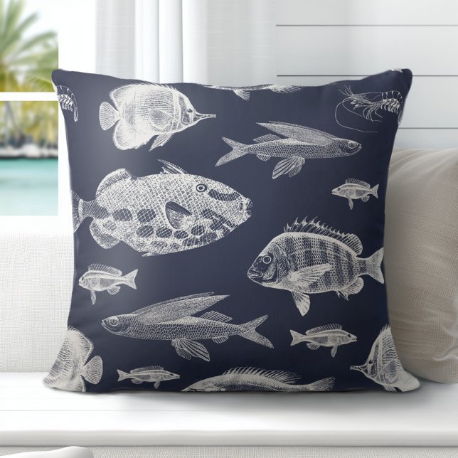 Hamptons Fish Blue White Throw Pillow (Discover Gorgeous Coastal Throw Pillows by Totally Coast)
