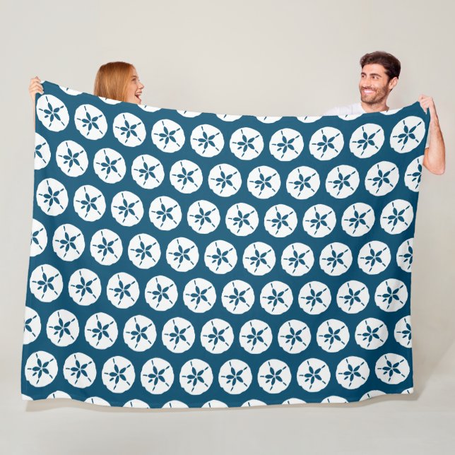 Hamptons Navy Blue and White Sand Dollar Seashells Fleece Blanket (In Situ)