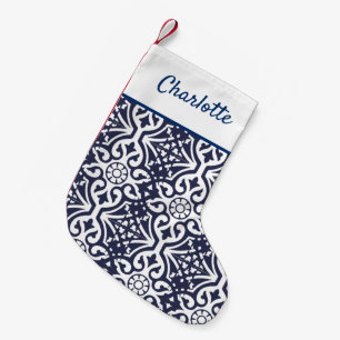Hamptons Navy Blue and White Talavera Tile Small Christmas Stocking
