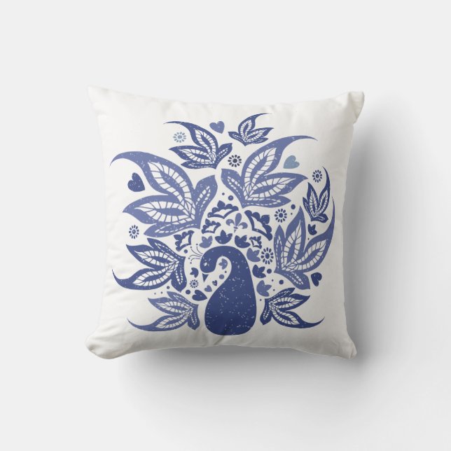 Hamptons Style Blue and White Bohemian Peacock Throw Pillow (Front)