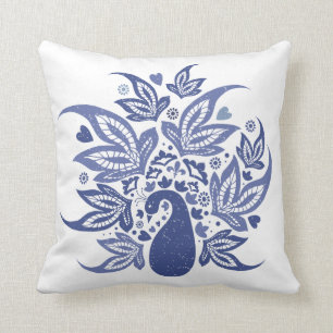 Hamptons Style Blue and White Bohemian Peacock Throw Pillow
