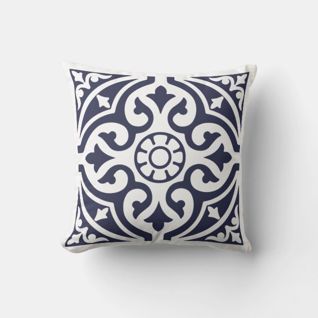 Hamptons Style Blue and White Moroccan Tile Throw Pillow (Front)