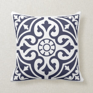 Hamptons Style Blue and White Moroccan Tile Throw Pillow
