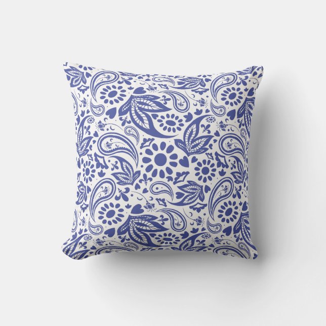 Hampton's Style Blue and White Paisley Patterned Throw Pillow (Front)