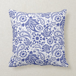 Hampton's Style Blue and White Paisley Patterned Throw Pillow