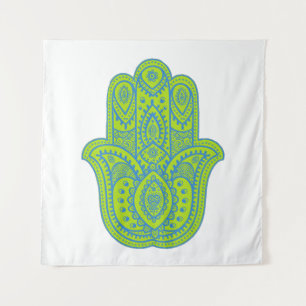 Hamsa Design Green & White Backdrop Tapestry