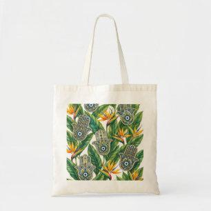 Hamsa Evil Eye & Bird of Paradise Tropical Floral Tote Bag