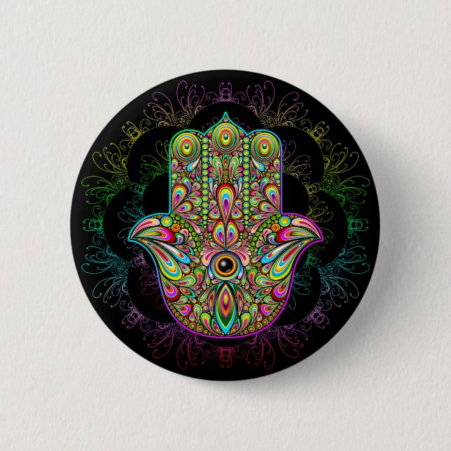 Hamsa Fatma Hand Psychedelic Art 2 Inch Round Button (Front)