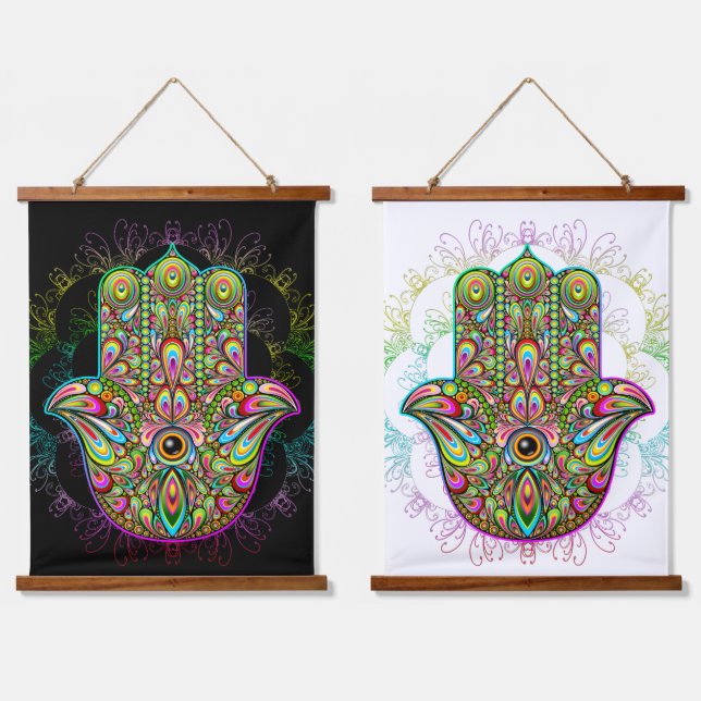 Hamsa Fatma Hand Psychedelic Art Hanging Tapestry (Double)